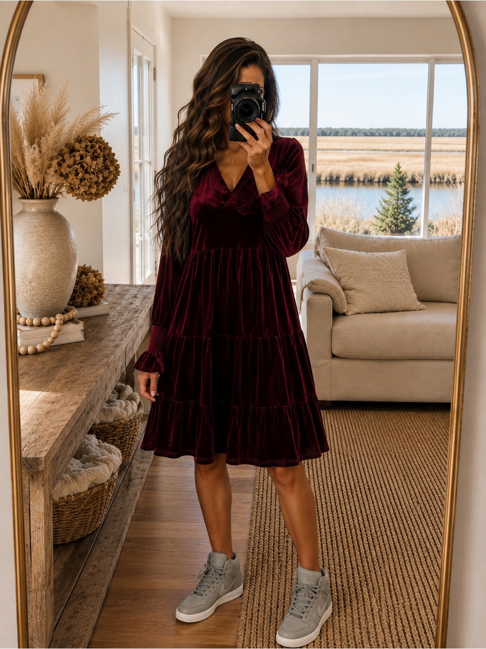 NWT Burgundy Velvet Pleated A-Line Dress Long Sleeve V-Neck Romantic Boho Small